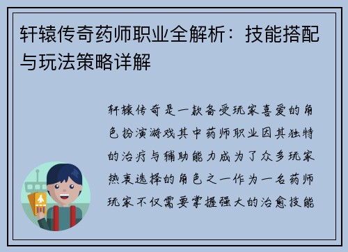 轩辕传奇药师职业全解析：技能搭配与玩法策略详解
